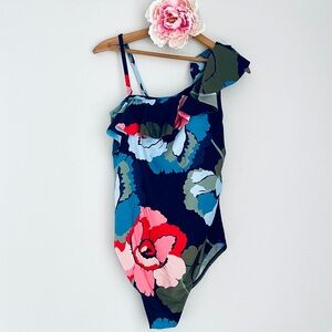 Motherhood Maternity One Sleeve Asymmetrical Floral One Piece Swimsuit Medium